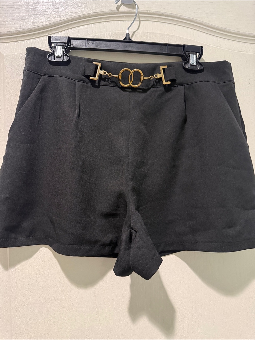 High-Rise Black Tailored Shorts with Gold Link Belt
